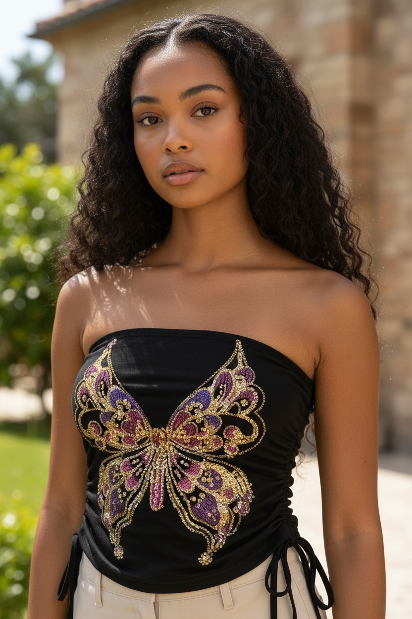 Top Bustier Papillon Brodé Sequins – Haut de Soirée Femme Y2K