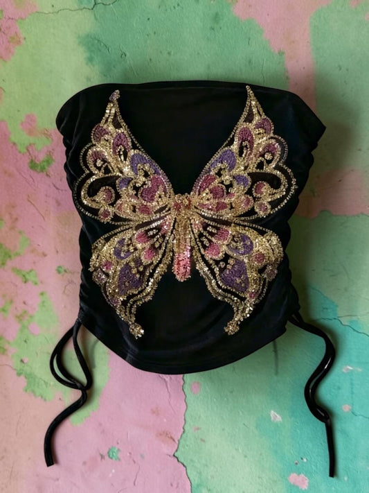 Top Bustier Papillon Brodé Sequins – Haut de Soirée Femme Y2K