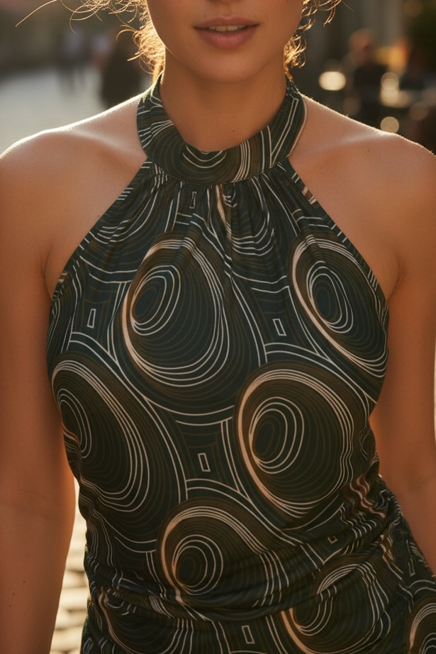 Top Halter Neck Satiné Tourbillon Émeraude | Haut Dos Nu Y2K Femme